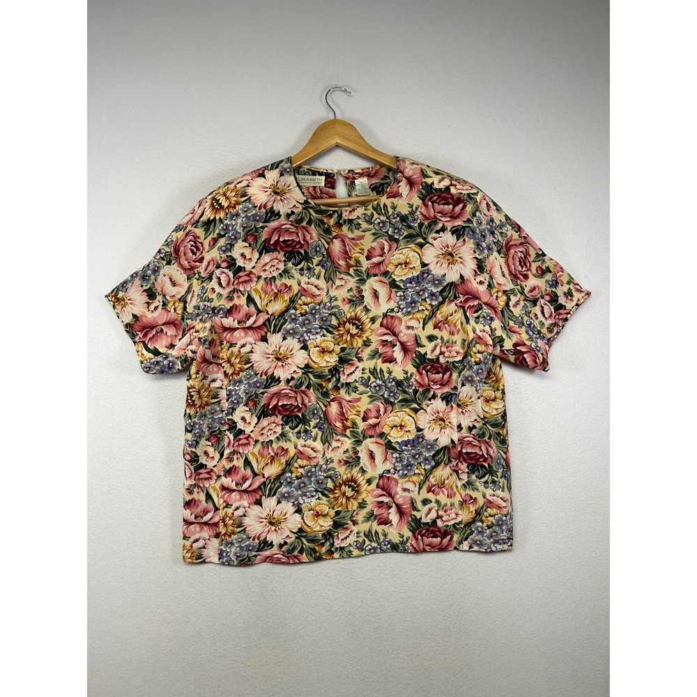 Vintage Cottagecore Elisabeth Liz Claiborne 16 Pink Floral 100% Silk Blouse